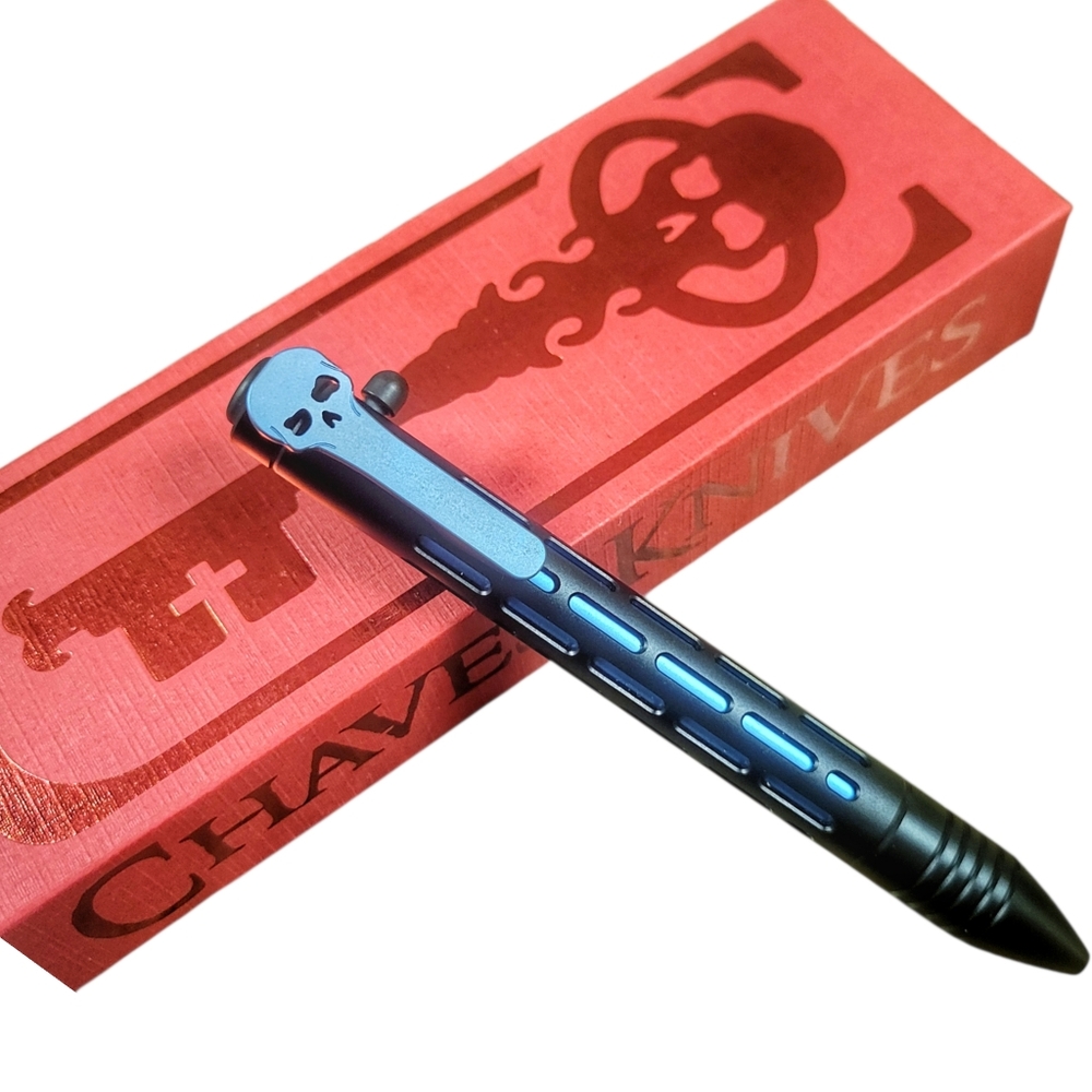Chaves Knives // Vertical Lines Clicker Pen // Exclusive Black & Blue Ano